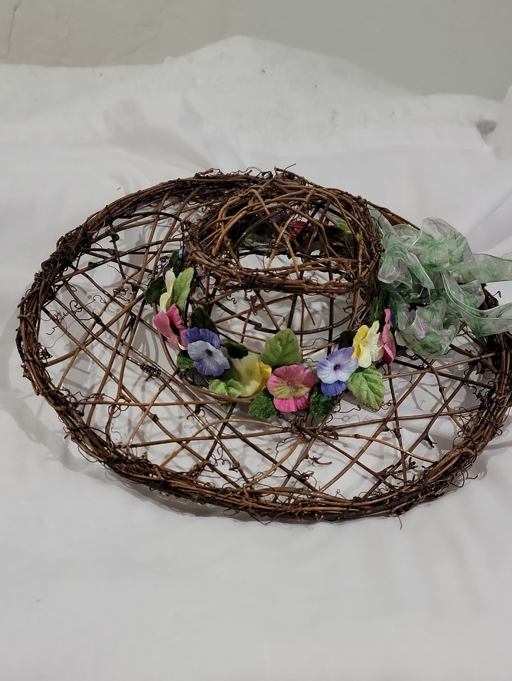 Vintage Woven Womens Hat Wreath with Multicolor Floral Accents Hand Crafted